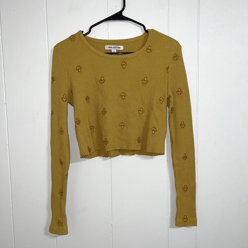 Urban Outfitters Mushroom Waffle Knit Crop Top‎ Long Sleeve Mustard Yellow S